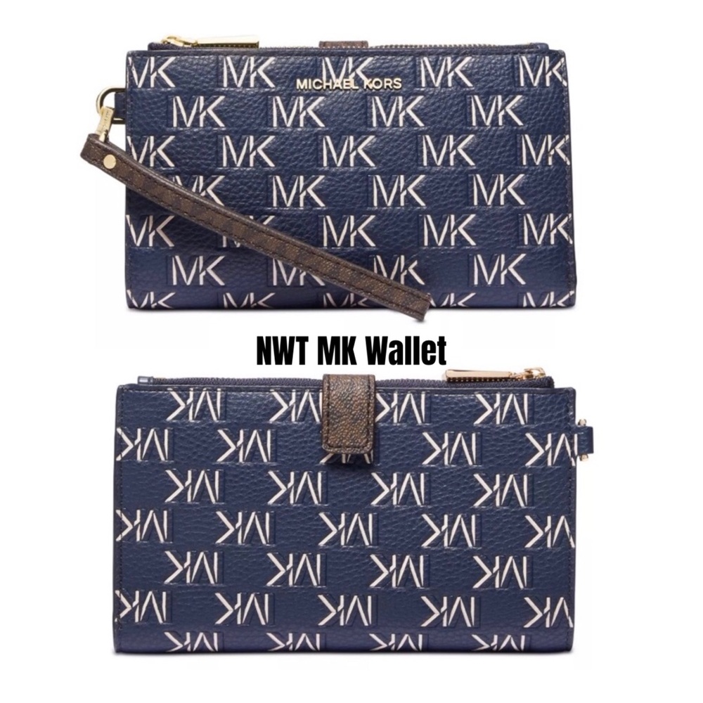 NWT MICHAEL MICHAEL KORS Jet Set Logo Double Zip Wristlet in Navy/Brown